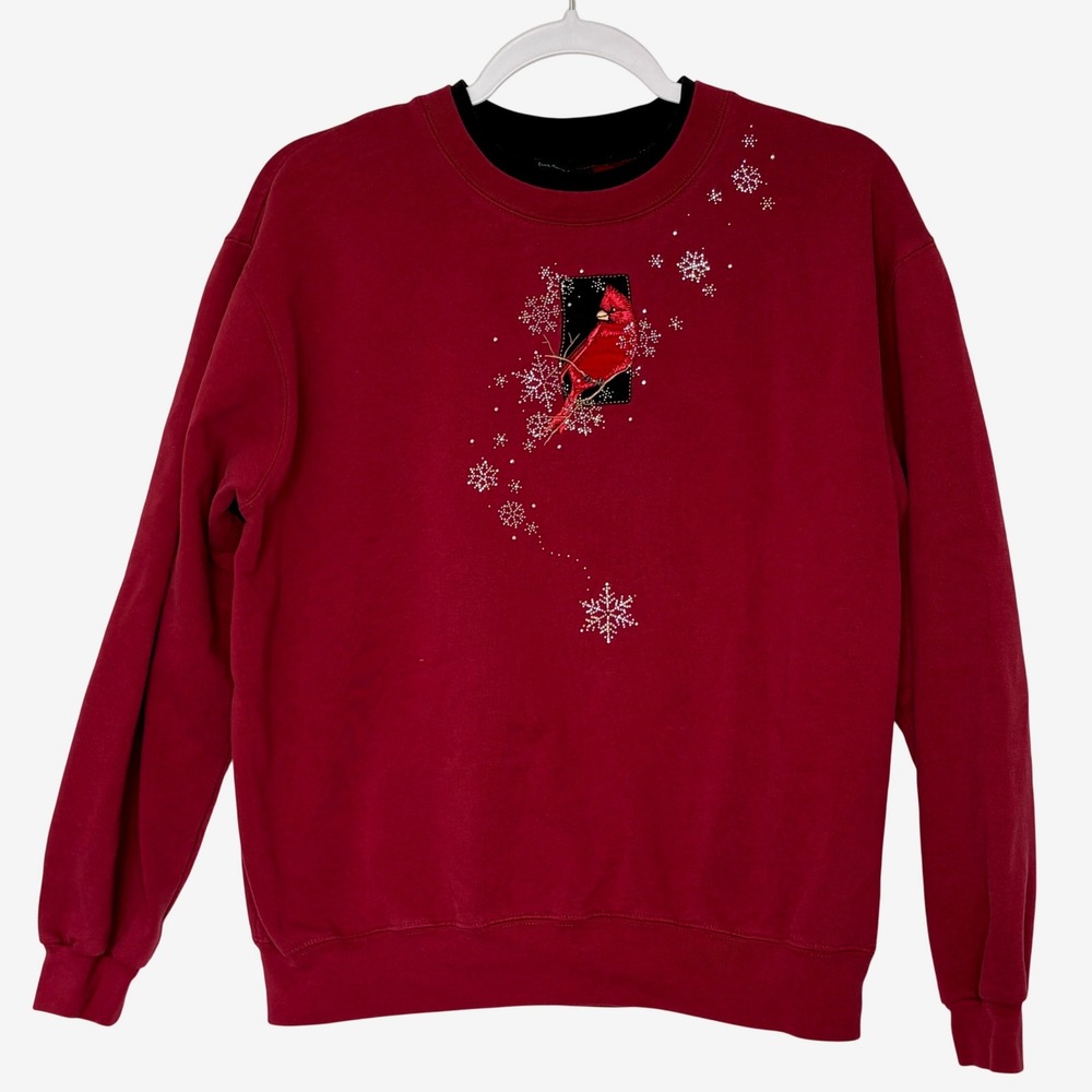 Vtg Trilogy Cardinal Sweatshirt L Red Winter Chic Embroidered Snowflake Fleece